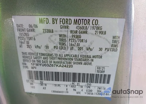 2007 Ford Escape Xlt из США, поврежденный, VIN 1FMYU03Z67KA24220